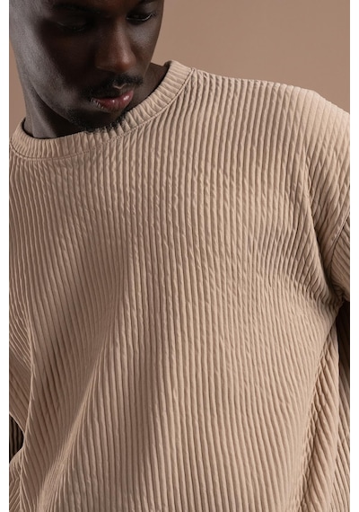 Oversize Bol Kesim Kalın Fitilli Bisiklet Yaka Kısa Kol T-shirt 001
