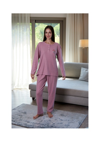 Estiva Kadın Nakış İşlemeli Patlı İnterlok Şardonlu Pijama Takımı Pudra