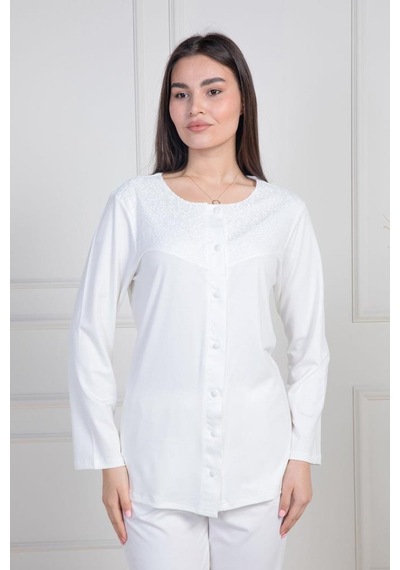 Mecit Pijama Mecit 6105 Bayan Ekru Büyük Beden Boydan Düğmeli Pijama Takımı Ekru