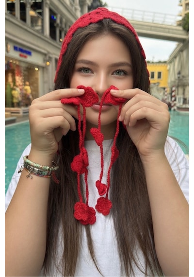Mollycrush Kırmızı Yazlık Çiçek Motifli Örgü Bandana Kadın Plaj Hair Band Kırmızı