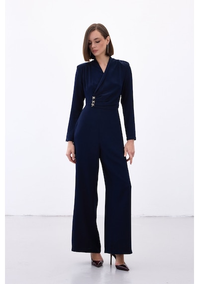 Sateen Fiyonk Aksesuarlı Krep Tulum - Lacivert-136703 Lacivert