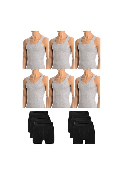 Belifanti Collection Erkek Pamuklu 6'lı Gri Atlet Ve 6'lı Siyah Boxer 12 Parça Set