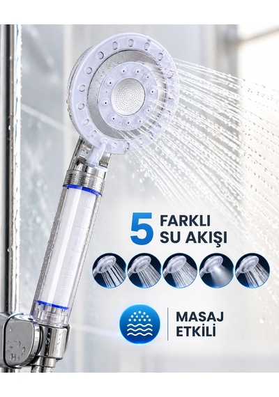 Kargo Masaj Etkili Filtreli Duş Başlığı 5 Fonksiyonlu Yağmur Sis Geniş Su Akışı Najmaddin Çok Renkli
