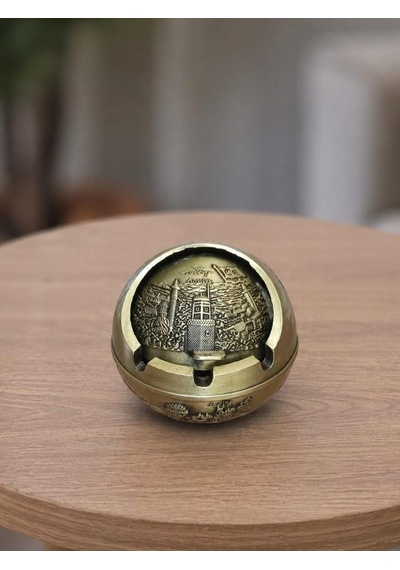 Kapaklı Metal Küllük Açılır Kapanır Dekoratif Masa Üstü Küllük Vintage Sarı 7.5 Cm