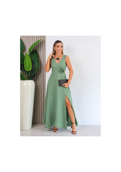 Butik İstanbul Kadın Askılı Derin V Yakalı Yırtmaçlı Uzun Elbise Yeşil