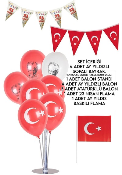 23 Nisan Balon Standlı Çubuklu Bayraklı Süsleme Seti Türk Bayrağı Flama Ev Kreş Okul Süsü Tüm Yaşlar