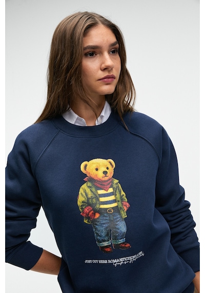 Grimelange AELORIA Kadın Önü Baskılı Reglan Kol Oversize Lacivert Sweatshirt