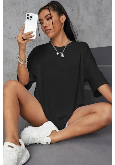 Startmore Kadın Beyaz Love Yourself Baskılı Oversize T-shirt Siyah