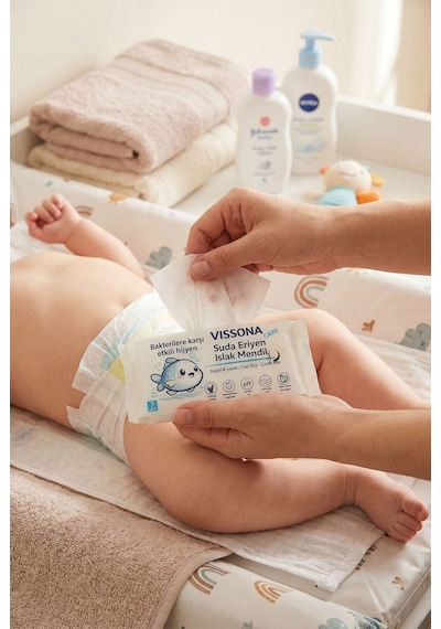 Biyobozunur Mini Islak Mendil %100 Ağaç Lifi Alkolsüz Hassas Ciltler İçin Suda Eriyen Cep Boy 4'lü Paket -54107