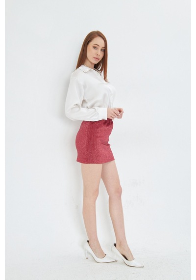 Lesa Wear Yüksel Bel Simli Mini Kalem Etek Bordo
