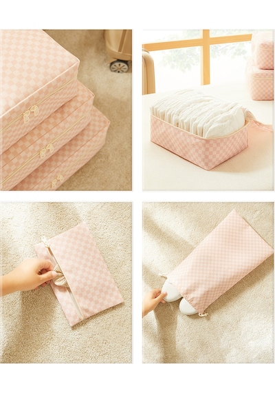 Ocean Home Textile 6'lı Pembe Dama Desen Pamuklu Bavul İçi Düzenleyici Set Pembe