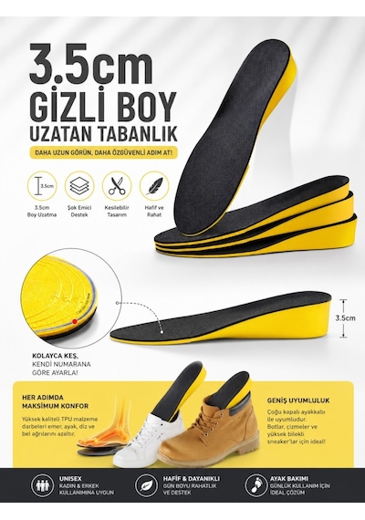 3.5 Cm Gizli Boy Uzatıcı Tamboy Tabanlık - Şok Emici Konforlu Ortopedik Ayakkabı Pedi
