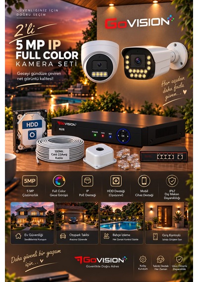 Go Vision 2'li Güvenlik Dome Bullet Ip Kamera Seti - 3.6mm Lens, H.265, Poe, Warm Led Gece Görüşlü
