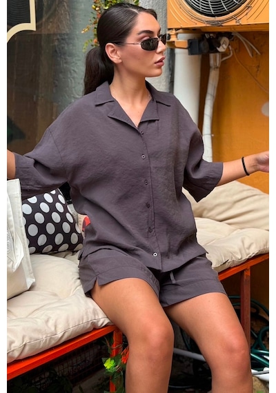 Madmext Kahverengi Kısa Kollu Modal Gömlek Şort Takım Mg2739