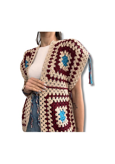 El Yapımı Bağlamalı Uzun Bohem Granny Square Kadın Yelek