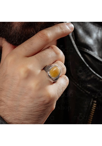 925 Ayar Gümüş Oval Sarı Damla Kehribar Taşlı Erkek Yüzük