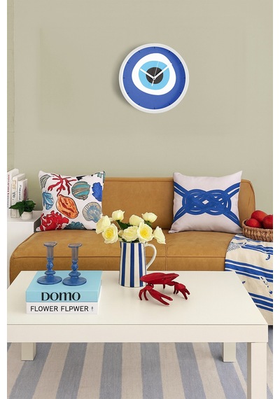 Nazar Boncuğu Modern Duvar Saati - 30cm - Önü Camlı Beyaz Kasa - Sessiz Mekanizma Beyaz