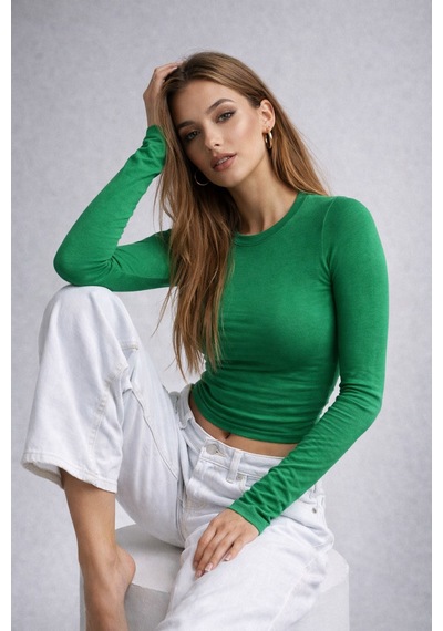 Wild Bee Kadın Yeşil Bisiklet Yaka Uzun Kollu Basic Bluz YEŞİL