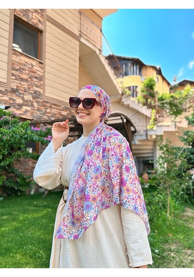 Moda Kaşmir Flora Desen Bambu Eşarp Mavi-somon
