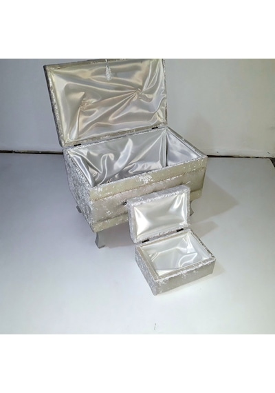 Çeyiz Sandık Kapitone Model 3lü Set Krem Kadife Kumaş İçi Kırmızı Tela Kutu Sevk El Yapım