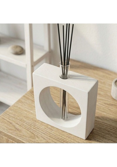Beyaz Taş Tozu Geometrik Difüzör Ve Vazo Seti - Minimalist Kare Cam Tüp Oda Kokusu Standı Beyaz