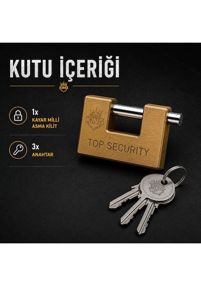 Real Kıng 90 Mm Kayar Milli Asma Kilit, Pirinç Gövde, Krom Kaplama Çelik Mil, 3 Anahtarlı, Ağır Hizmet Tipi Yükse