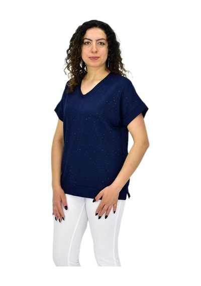 Kadın Yarım Kol V Yaka Taşlı Likralı Tişöt Bgl-st04653 Lacivert