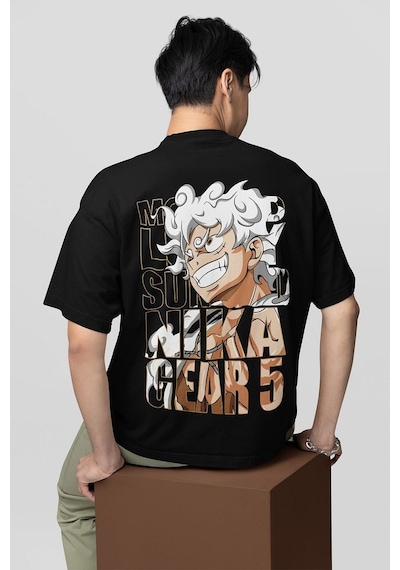 Sevbano Monkey D. Luffy Nika Gear 5 Baskılı Unisex Oversize Anime Karakte Siyah