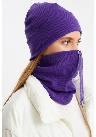 Butikgiz Kadın Balıkçı Style Pamuklu Kaşkorse Terletmez Ultra Hafif Yumuşak Bere Boyunluk Takım Mor