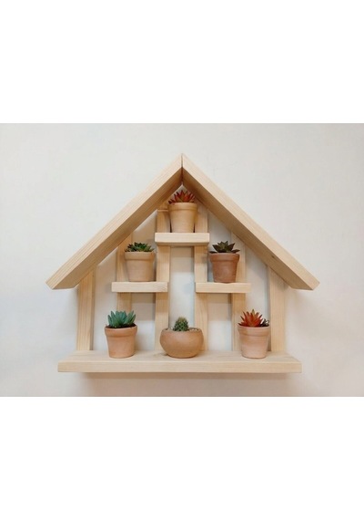 Ahşap Ev Tasarım Dekoratif Duvar Rafı - Sukulent Ve Mini Çiçek Rafı 40x30 Cm Bej