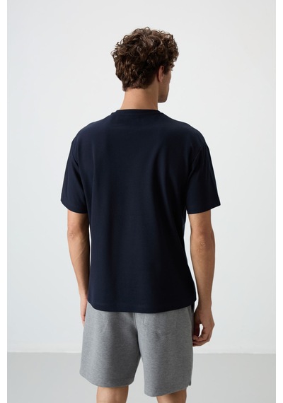 Air Jones Tommy Life Lacivert Pamuklu Kalın Yüzeyi Dokulu Oversize Fit Baskılı Erkek T-shirt - 88364 Lacivert