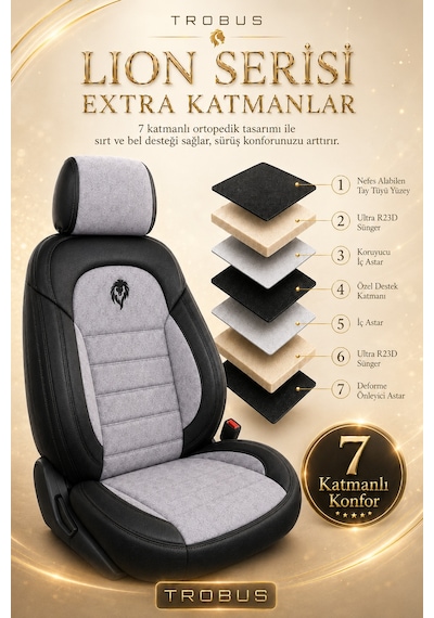 Renault R9 Broadway 1990-2000 Uyumlu Lion Serisi Tay Tüyü Gri Siyah Premium Koltuk Kılıfı