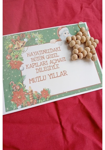 25 Adet Naturel Yıldız Anahtarlık - Ahşap Yıldız - Noel Baba Kart