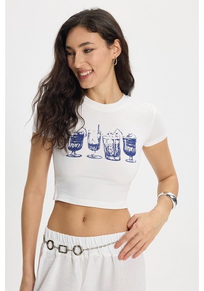 Tudors Kadın Slim Fit Dar Kesim Pamuk Bisiklet Yaka Kısa Kollu Baskılı Ekru Crop Tişört-50535 L