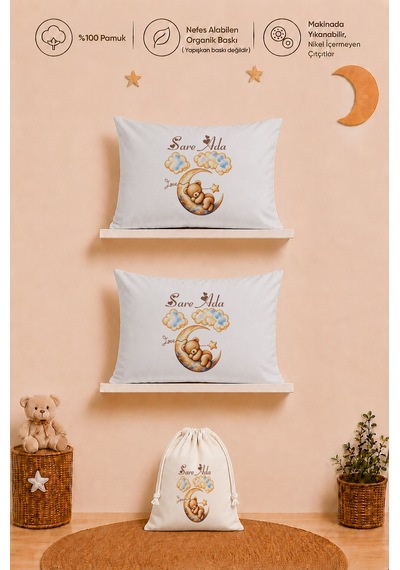 İsimli Kız Bebek Hediye Seti 2 Adet 35x45 %100 Pamuk Yastık Kılıfı Ve Ham Bez Kıyafet Kesesi 1099y2kyx