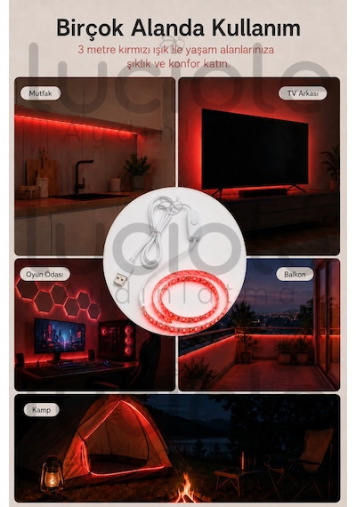 3 Metre 5v Usb Kırmızı Şerit Led Aç Kapa Anahtarlı Gaming Tv Masa Raf Araç Dekoratif Led