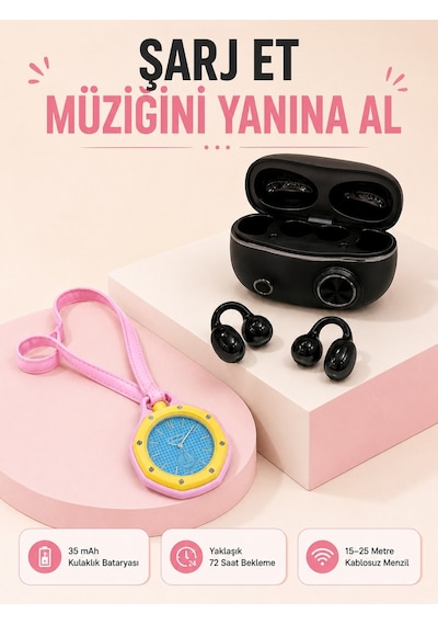 Kablosuz Kulaklık Seti Ve Pembe Askılı Analog Charm Saat Günlük Kullanım Kampanyası - Lisinya