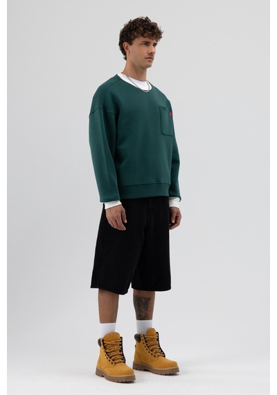 Vamos Bisiklet Yaka Cep Detaylı Oversize Sweatshirt Nefti