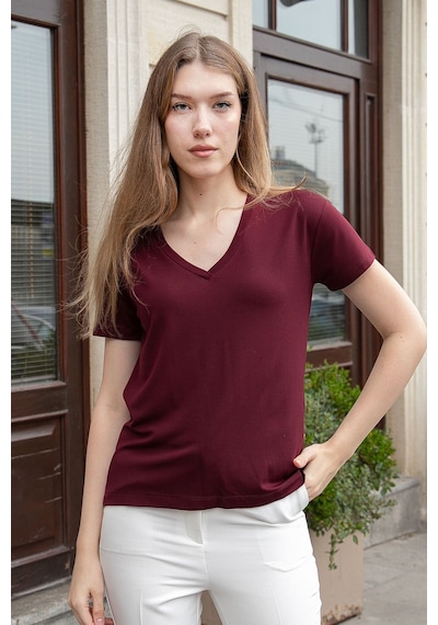 Jument Kadın V Yaka Kısa Kol Likralı Span Kumaş Şık T-shirt Bluz-bordo