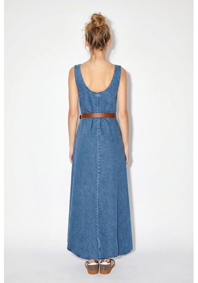 Shade Kadın Geniş Yaka Askılı Kemerli Kloş Denim Elbise 6084 60286108 - Mavi