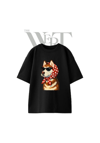 Thewert Husky Gozluk Esarp Tasarım Baskılı Ünisex Siyah Oversize T-shirt