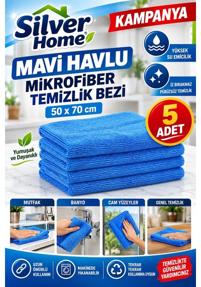 Silver Home Mavi Havlu Mikrofiber Temizlik Bezi 50x70 Cm 5 Adet
