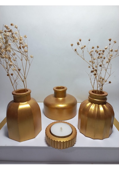 Modern Minimal Vazo Set 3'lü, Ev & Ofis Hediyelik, Dekoratif Obje, Gold