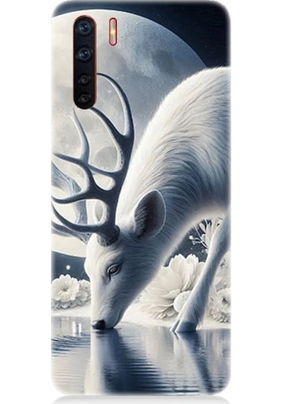 Oppo Reno 3 Uyumlu Ay Işığında Beyaz Geyik Yansıması Desenli Silikon Kılıf Çok Renkli
