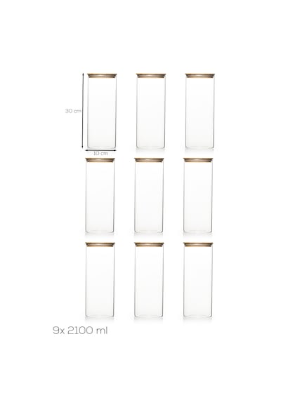 Porsima 4-3 Bambu Vakumlu Kapaklı Yuvarlak Borosilikat Cam 9lu Kavanoz Seti Saklama Kabı 2100ml 10x30cm Şeffaf