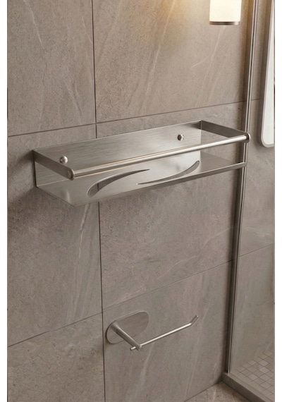 Zift Unique Paslanmaz Çelik Satine İnoks Yapışkan Montaj Banyo Rafı - Tuvalet Kağıdı Askısı Set Inox