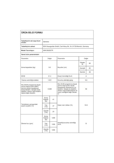 Siemens WM12N200TR 1200 Devir 9 KG Çamaşır Makinesi