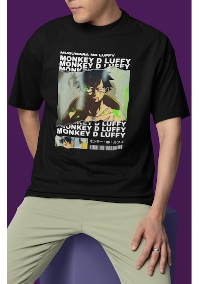 Tasarım Monkey D. Luffy Baskılı Unisex Oversize One Piece Anime T Siyah