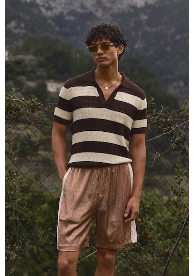 Tarz Cool Erkek Oversize Kalın Örgü Polo Yaka Triko Fileli Tişört Çizgili Vintage Yazlık Rahat Fit Kahverengi