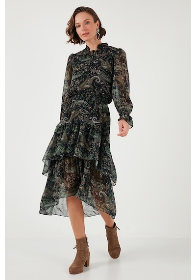 Lela Regular Fit Yaka Detaylı Volanlı Şifon Midi Bayan Elbise 611El1448 Yeşil